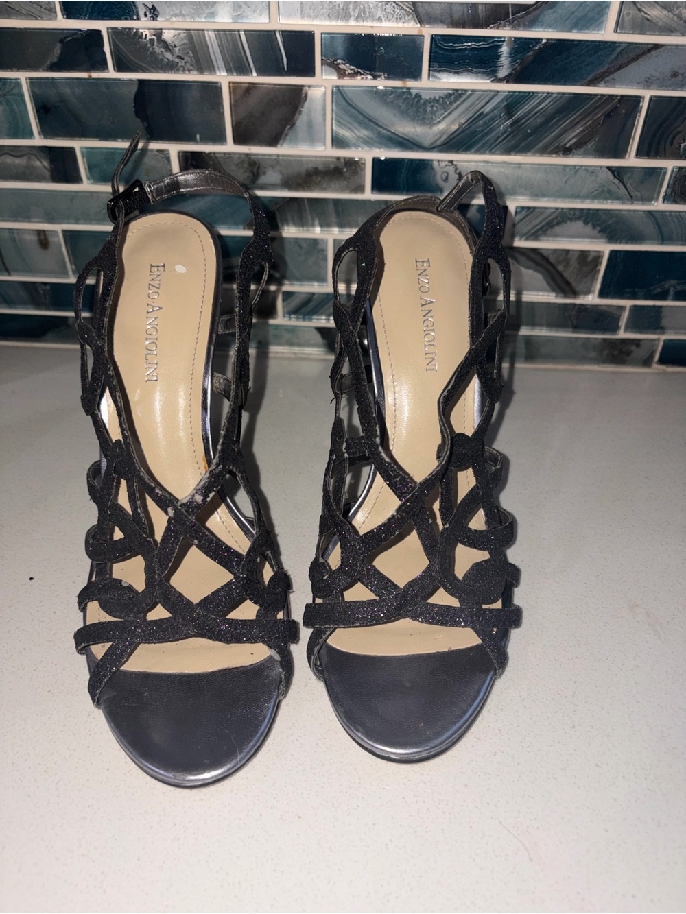 Enzo Angiolini Black Glitter Cage Strappy Wedge Sandals Size 7.5M